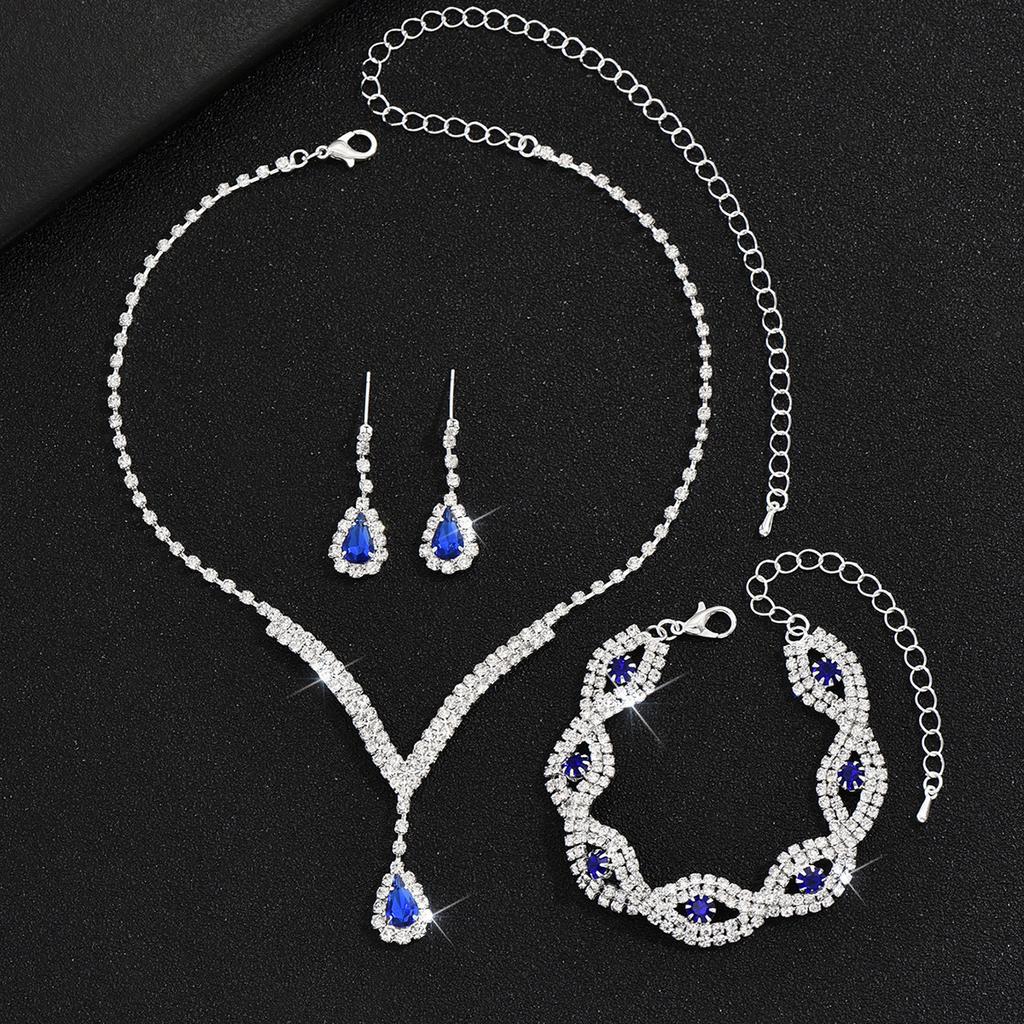 3 Pcs Luxury Rhinestone Bride Zircon Set for Women Black Water Drop Crystal Earrings Wedding V Necklace Eye Bracelet Fashion-