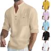 Мужская хлопково-льняная рубашка с длинным рукавом - Свободный крой, воротник-стойка, карман, повседневный хлопково-льняной топ с длинным рукавом