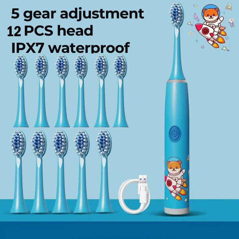 Children Electric Toothbrush Cartoon Kids With Replacement Head Ultrasonic  IPX7 Waterproof Rechargeable Sonic Toothbrush