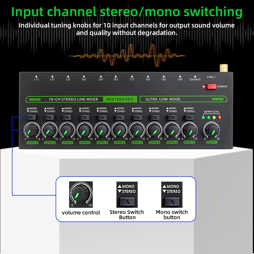 MIX1000PRO 10 Channel Sound Mixer Low Noise LED Sound Mixer for Sub-Mixing Stereo Switcher