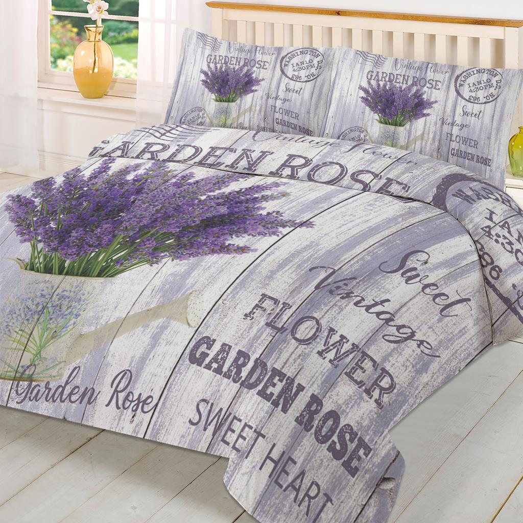 Flower Lavender Kettle Vintage Postcard Wood Duvet Cover With Pillow Case 3pcs Bedding Set Quilt Cover Double Bed Home Textile