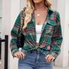 Women's Fashionable Wide Plaid Long Sleeved Loose Button Pocket Shirt Jacket