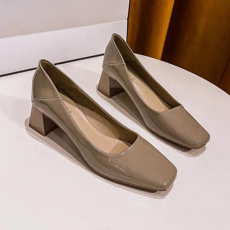 Модные туфли-лодочки из лакированной кожи на толстом каблуке с квадратным носком, весна-осень 2024, средний каблук, черные туфли на высоком каблуке, женская обувь для работы