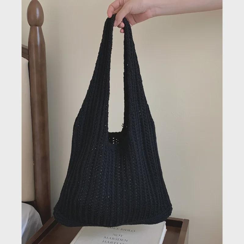 Вязаная сумка через плечо в корейском стиле Lazy Style - большая вместимость, однотонный цвет, алый дизайн, шерстяная сумка для покупок