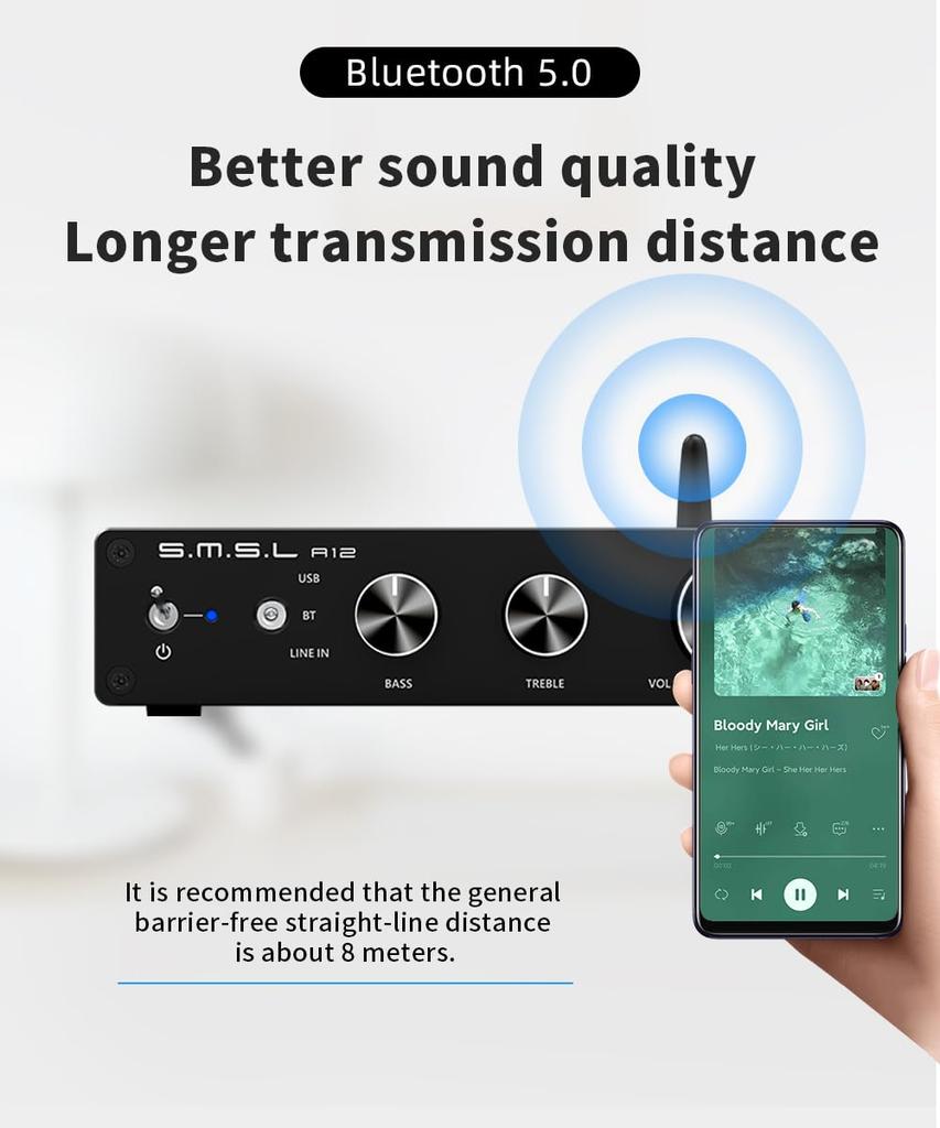 A12 Audio HiFi 2 Channel with Bass and Treble Bluetooth Stereo Class D Power Powered by Suitable for Home Passive Speaker S.M.S.L Amplifier, Control,