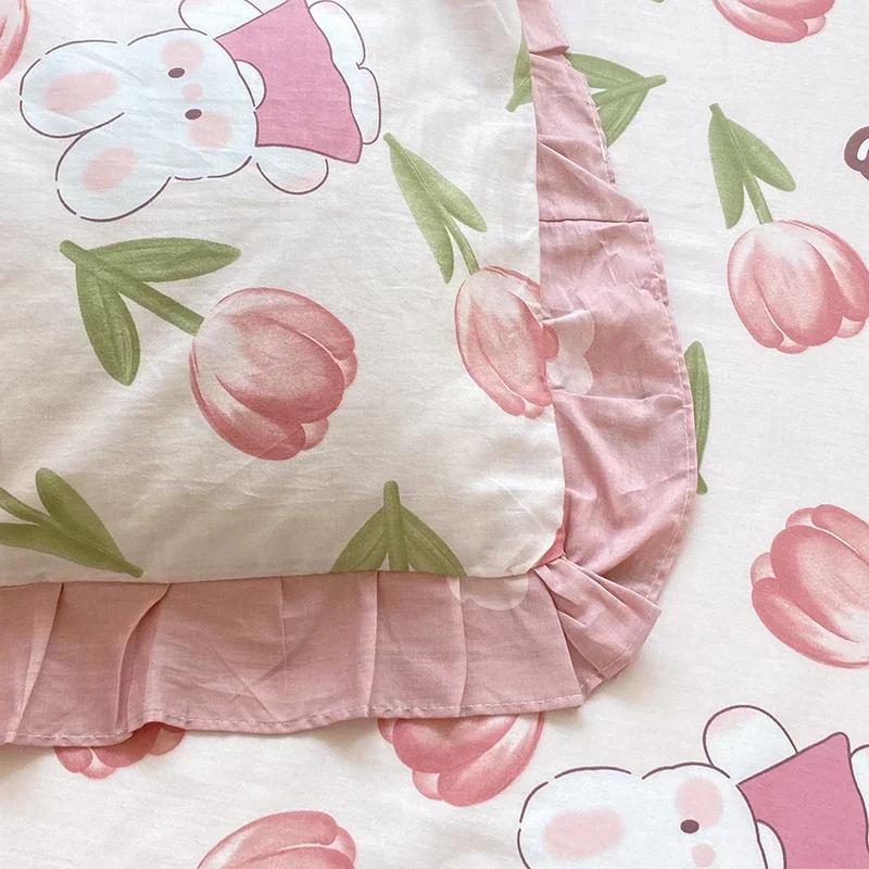 Комплект постельного белья с розовым цветочным принтом, 100% хлопок, корейский стиль, оборка, пододеяльник с 2 наволочками, приятный для кожи комплект постельного белья размера «queen-size»