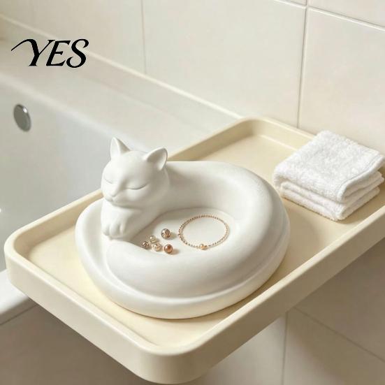 Burr-free Cat Sculpture 3D Printed Curled Sleeping Planter, Multi-Functional Figurine with Bowl-Holding & Ring Tail Decoration Slot, Matte Finish