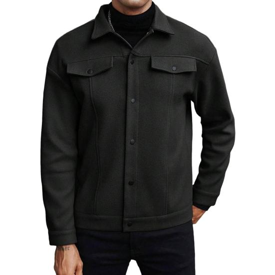 Мужская куртка шерстяная с лацканами, длинным рукавом, однотонное пальто с накладными карманами, однотонное осенне-зимнее деловое пальто