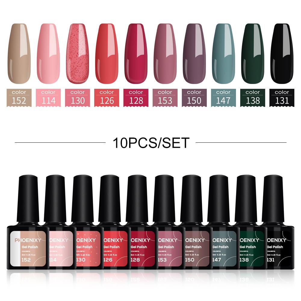 Гель-лак для ногтей PHOENIXY, 10 цветов, замачиваемый УФ-гель для ногтей, стартовый набор для дизайна ногтей, набор блестящих лаков для DIY, дома, гель для маникюра