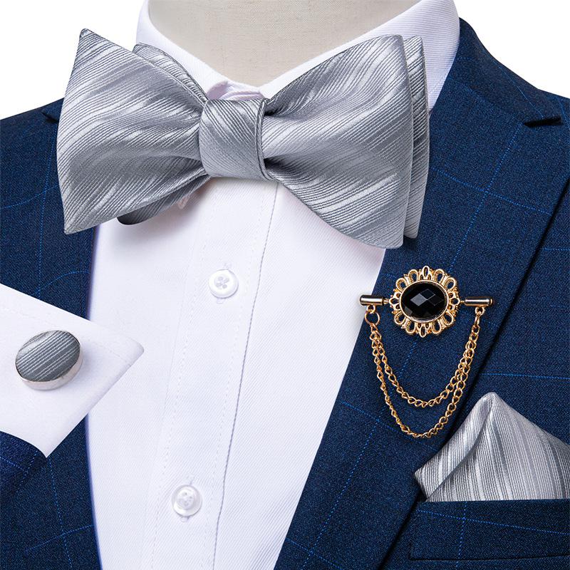 Dibangu Мужской комплект с предварительно завязанным галстуком-бабочкой, серый шелковый галстук, карманные квадратные запонки для официальной свадьбы