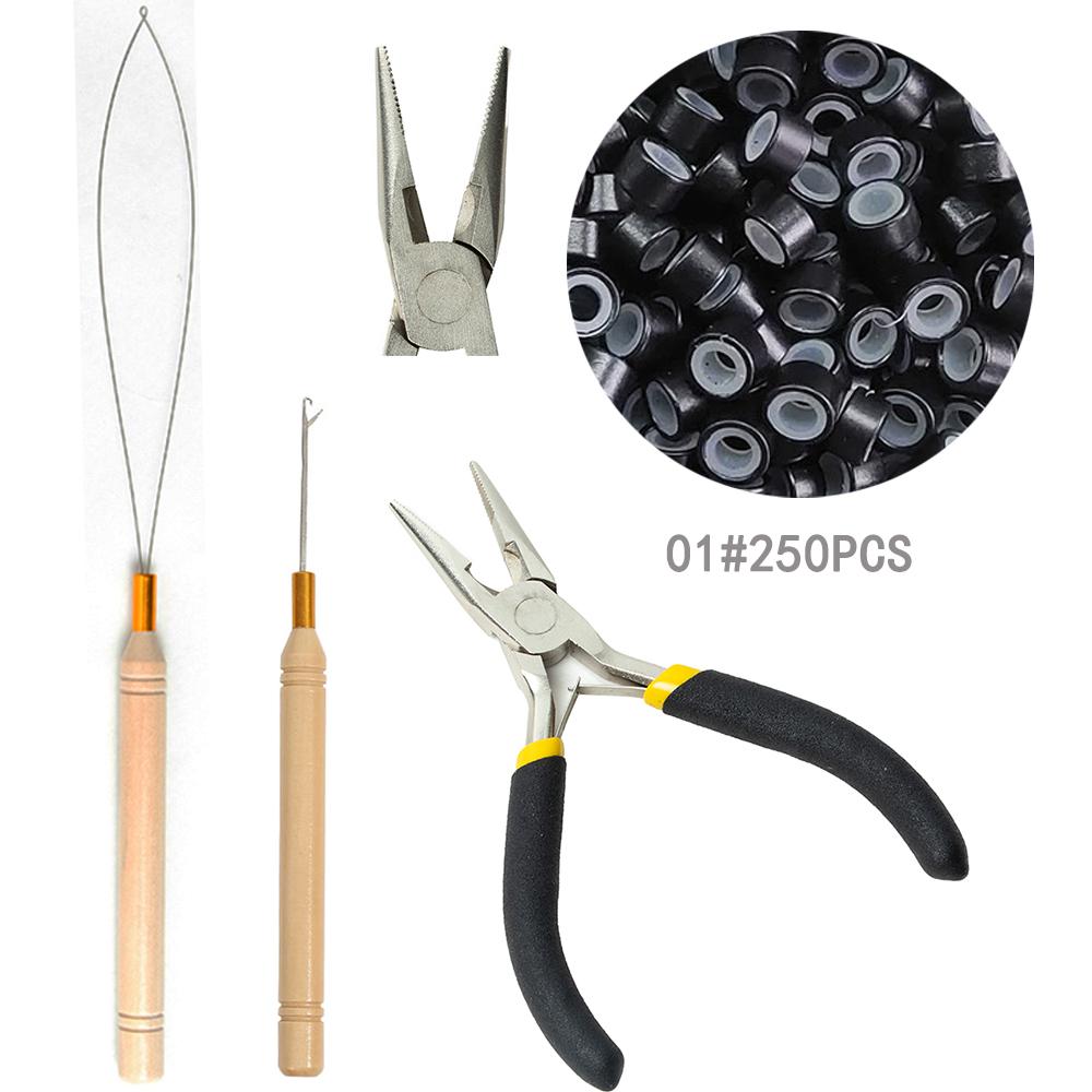 Hair Extension Tool Kit includes extension pliers crochet hook bead stringer and nano ring for making styling accessories