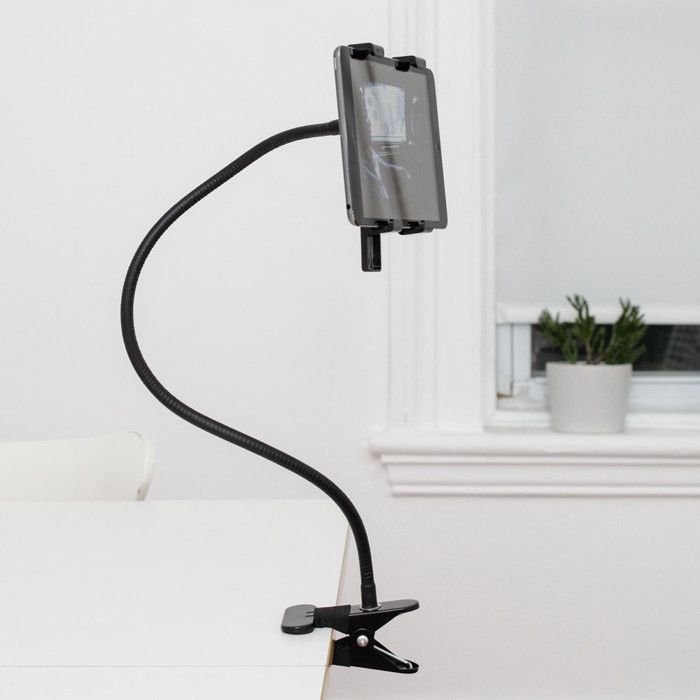 Flexible Tablet Holder - Black - Adjustable Support 13-20 Cm - Flexible Arm - Metal Clamp - Protective Foam