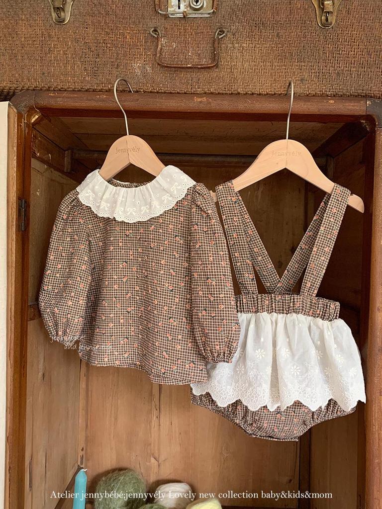 Jenny Kids Осенний набор из 2 предметов для девочки 2025: Рубашка в корейском стиле с кружевным воротником Питер Пэн и юбкой-комбинезоном