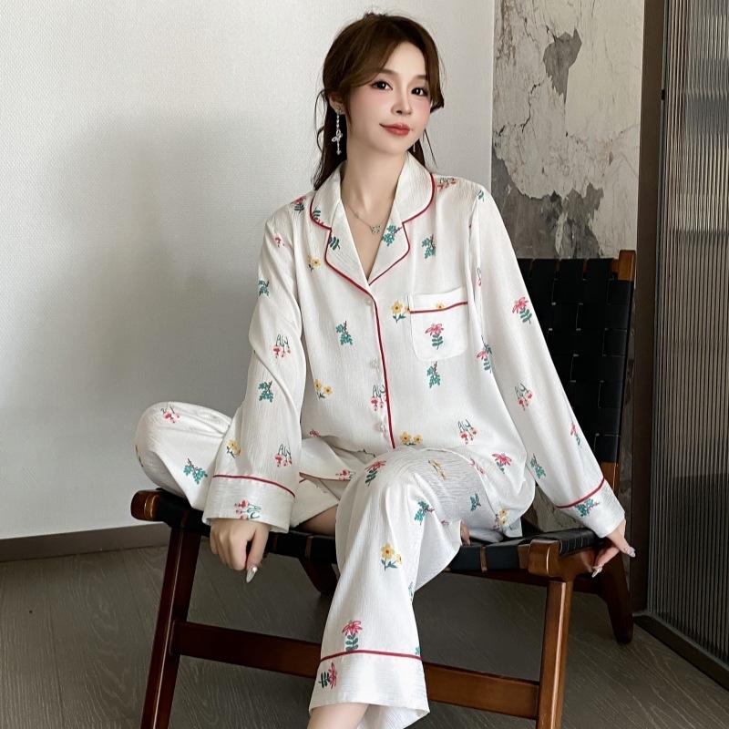 Мягкая домашняя одежда из ледяного шелка с принтом, брюки с длинными рукавами, классная пижама для женщин на весну и осень