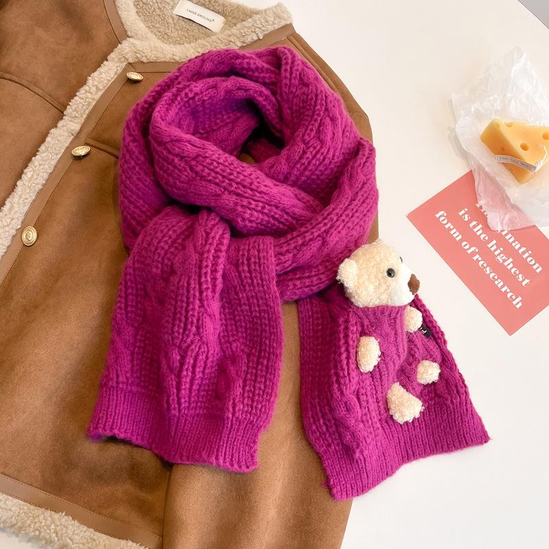 Новый фиолетовый шарф с медведем женский зимний модный утолщенный теплый вязаный шарф студенческий платок