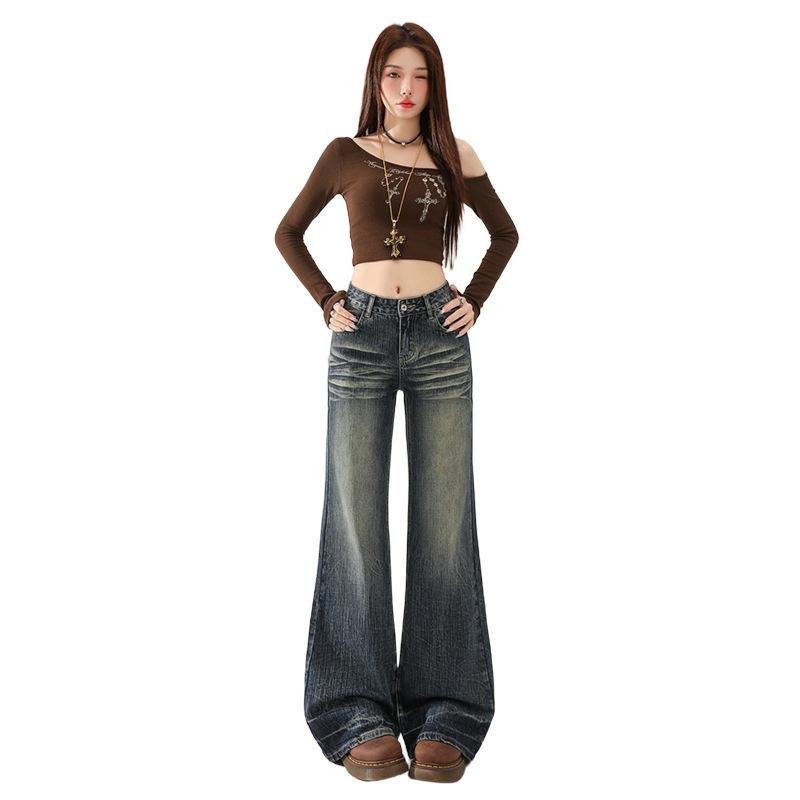 American Spice Girl low-rise slightly pulled jeans women's spring and autumn new bamboo joint pattern loose and thin horn pants