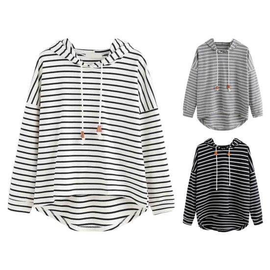 Пуловерная рубашка в полоску с принтом, свободная полиэстеровая эластичная повседневная женская толстовка с капюшоном для дома