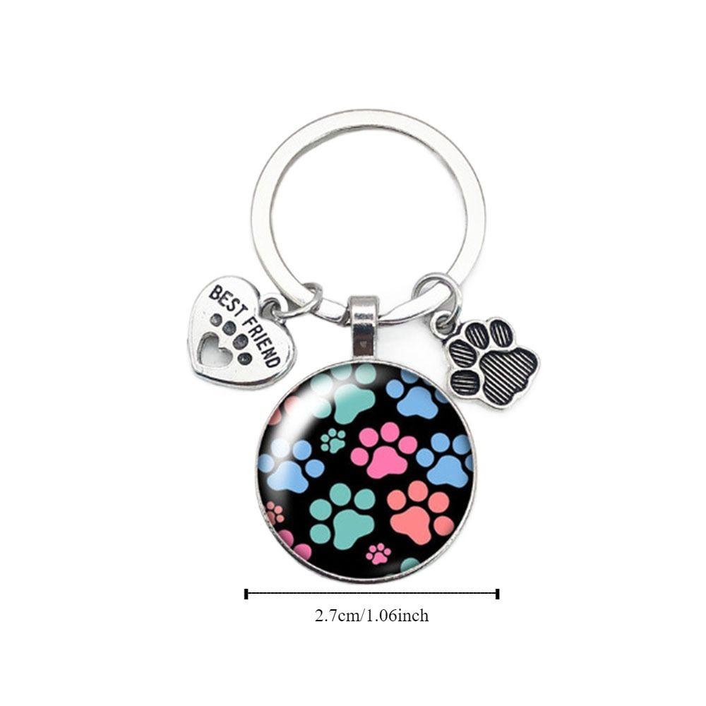 Love Cat Pet Footprints Car Key Chain Cartoon Key Holder Fashion Glass Cabochon Key Ring Men Women
