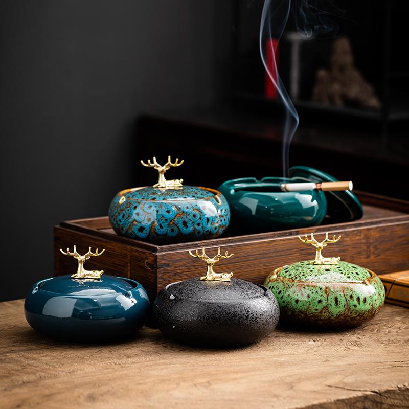Ceramic Ashtray with Lid Creative and Personalized Anti Fly Ash Living Room Office Home Ashtray Ins Trendy Car Ashtray