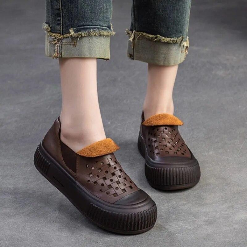 Johnature Простые дышащие туфли с отверстиями, женская обувь на плоской платформе из натуральной кожи в стиле ретро на толстой подошве