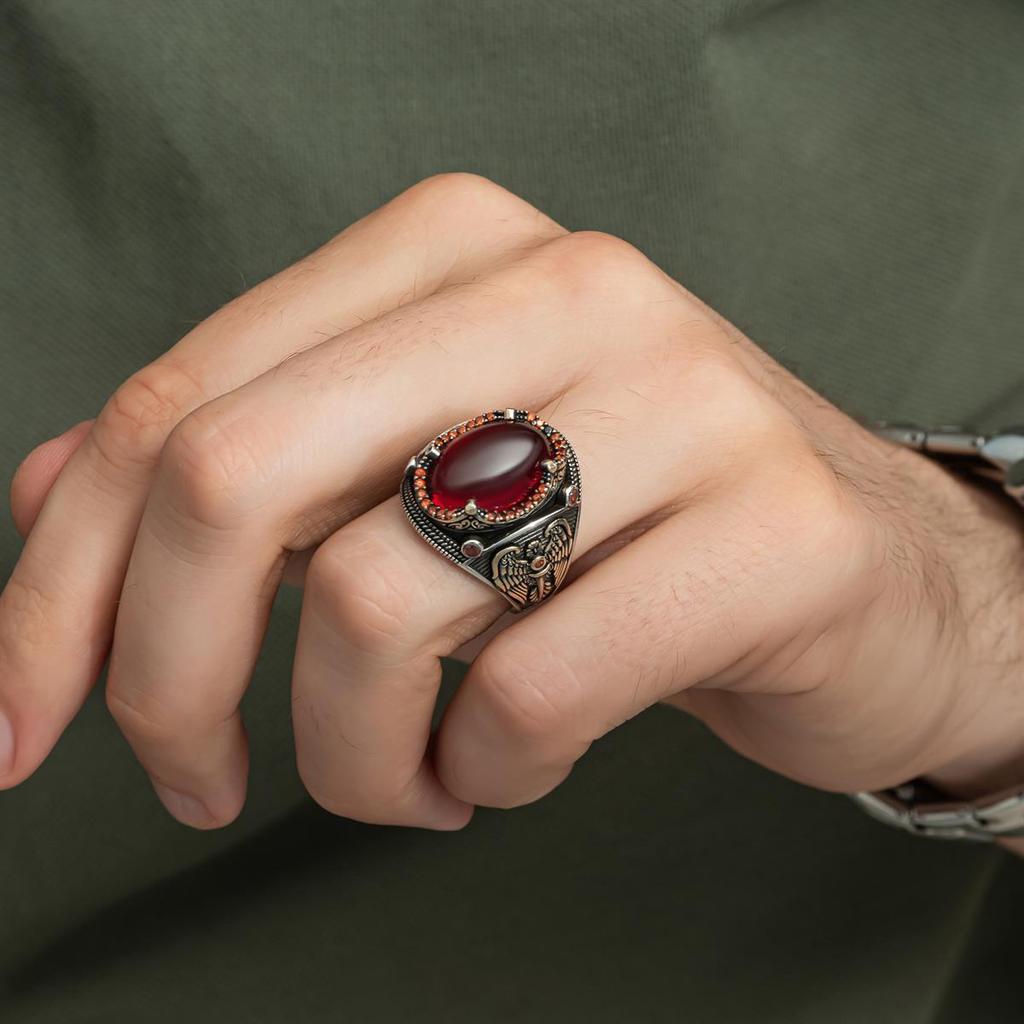 Exquisite 925 Sterling Silver Ruby Men's Ring – Timeless Elegance and Rich Hues - Turkish Handcraft Silver Men Ring