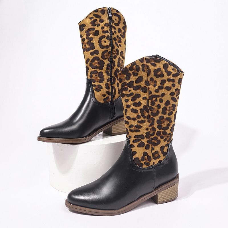Модные сексуальные женские леопардовые сапоги с острым носком до середины голени из искусственной кожи с толстым каблуком в стиле пэчворк, размер плюс 43, осенне-зимняя женская обувь для подиума