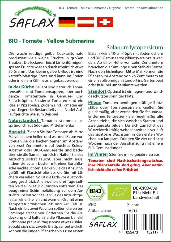 SAFLAX Сад в сумке - Органический - Помидор - Yellow Submarine - 10 семян - С субстратом в подходящем стоячем мешке - Solanum lycopersicum