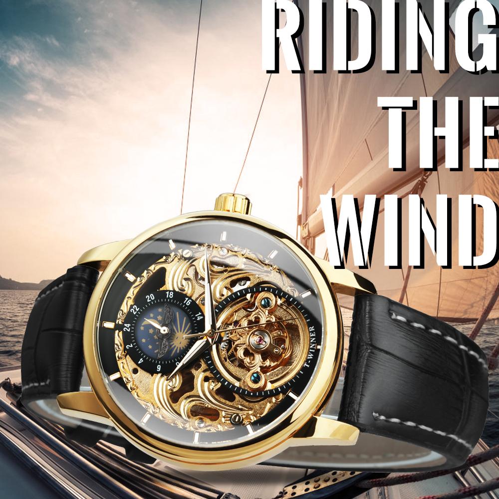 WINNER Vintage Tourbillon Skeleton Mechanical Watch for Men Luminous Hands Luxury Brand Gold Automatic Watches Leather Strap New