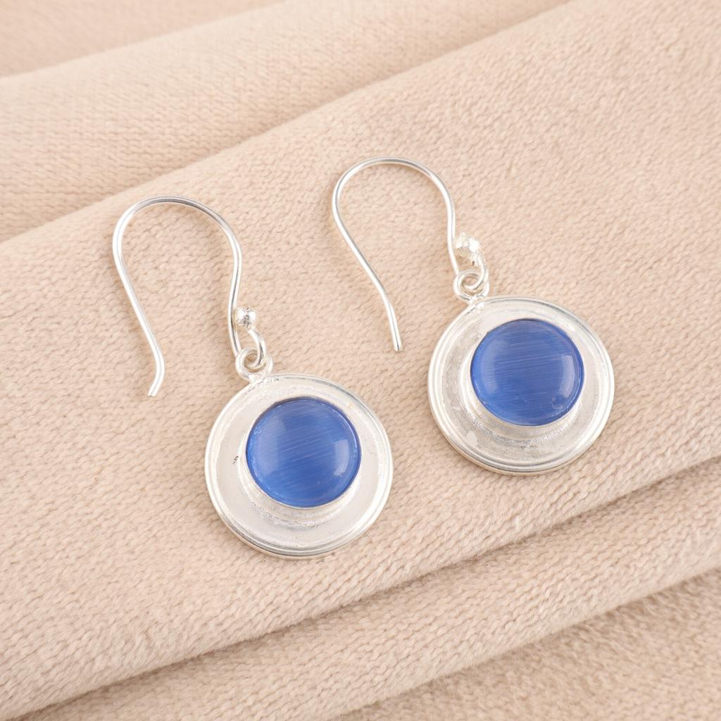 Dark Blue Cat's Eye Gemstone 925 Sterling Silver Jewelry Stylish Earrings 1.40" EE-4-44