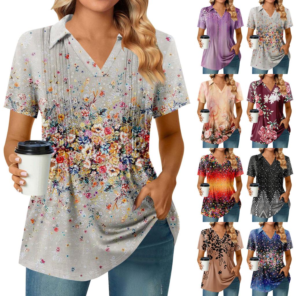 Womens Short Sleeve T Shirts Pleated V Neck Printing Tee Collared Summer Tops Fashion Business Casual Work