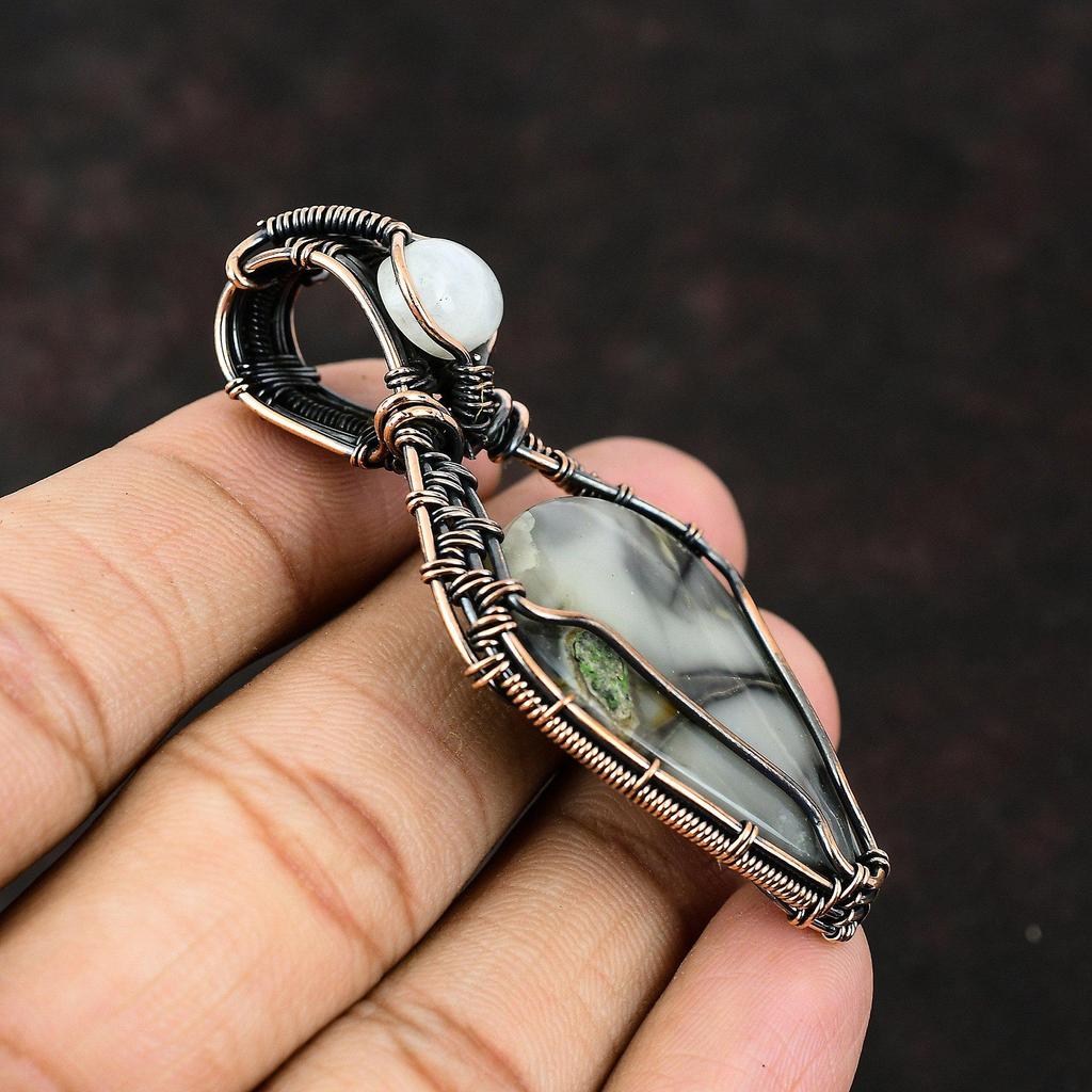 Подвеска из яшмы Пикассо, обернутая медной проволокой, Подвеска из драгоценного камня, Подвеска ручной работы, Дизайнерская подвеска, Ювелирное изделие из радужного лунного камня, Подарок для мамы, Подарок для нее