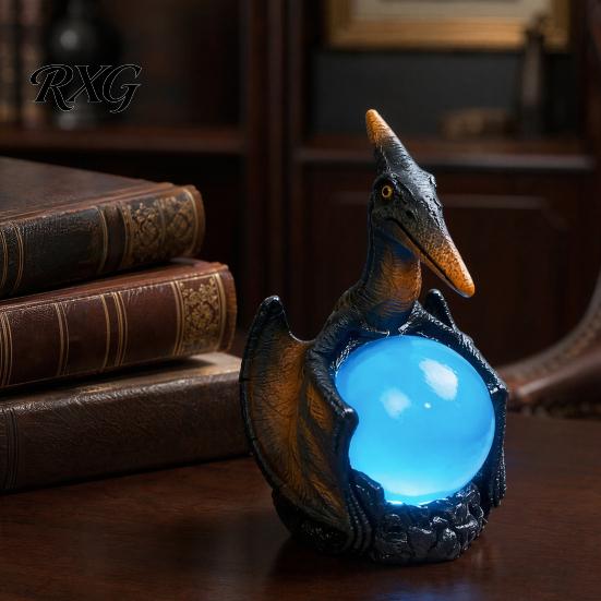 Hand-painted Dragon Lamp Pterosaur Night Light, Resin Gothic Table with Glowing Faux Crystal Bedroom Lighting Ball, Fantasy Desk Decor for Office,