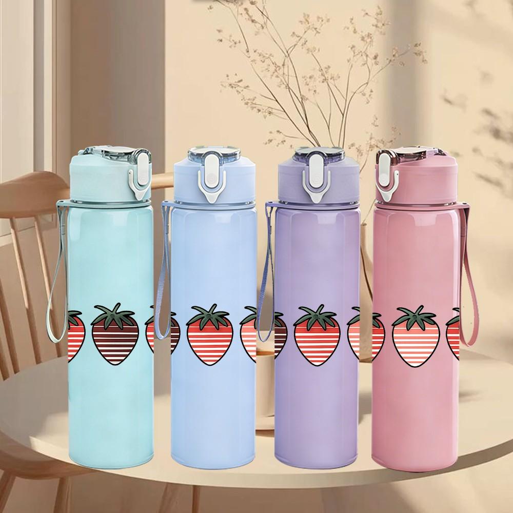 1PC Row Of Strawberry Fruits 750ml Color Plastic Sports Water Bottle Leakproof Flip Straw Lid Suitable for Sports Office Home Use