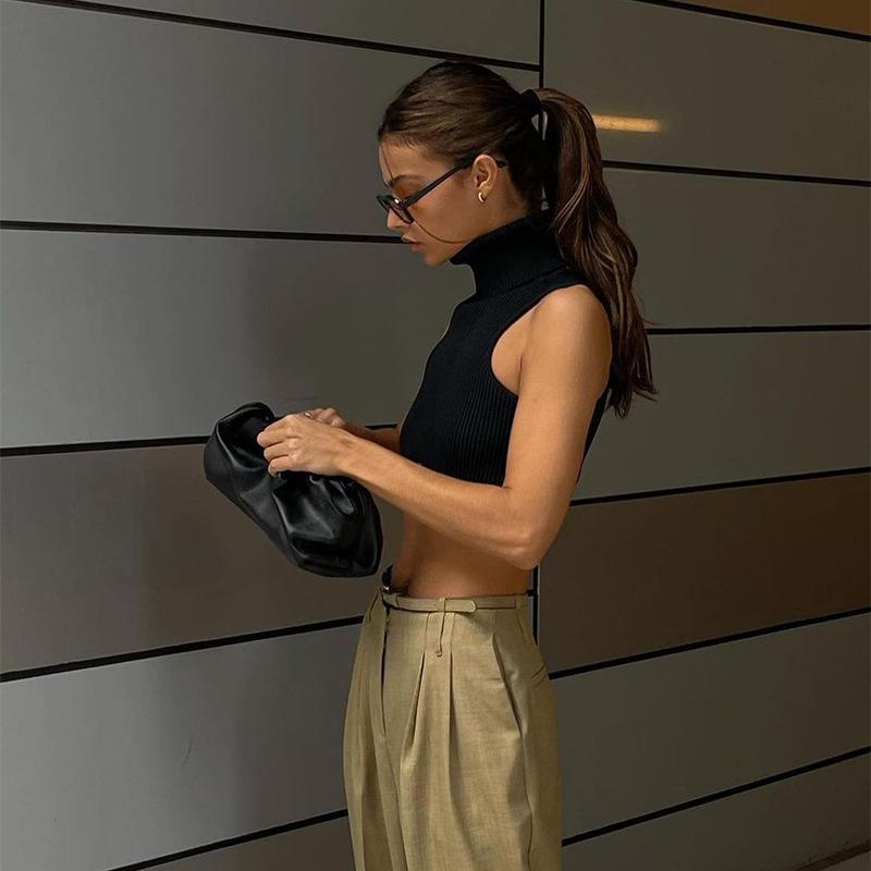 Y2k черный вязаный укороченный топ с воротником для женщин, сексуальный неровный обтягивающий эластичный топ на бретелях, модный клубный топ, уличная одежда