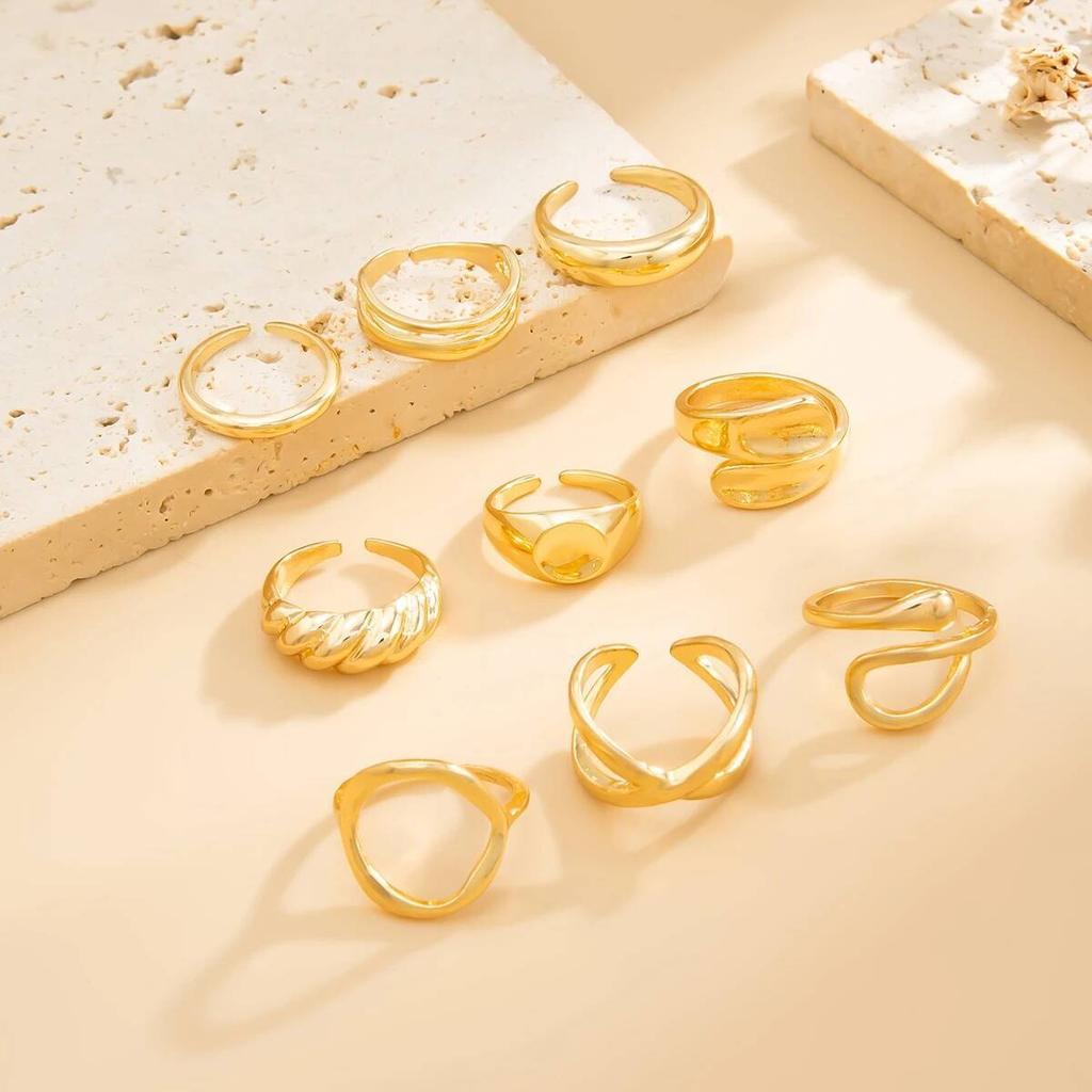 Salircon 9Pcs/Set Punk Glossy Hollowout Open Rings for Women Vintage Gold Color Adjustable Finger Rings Party Set Jewelry Gift