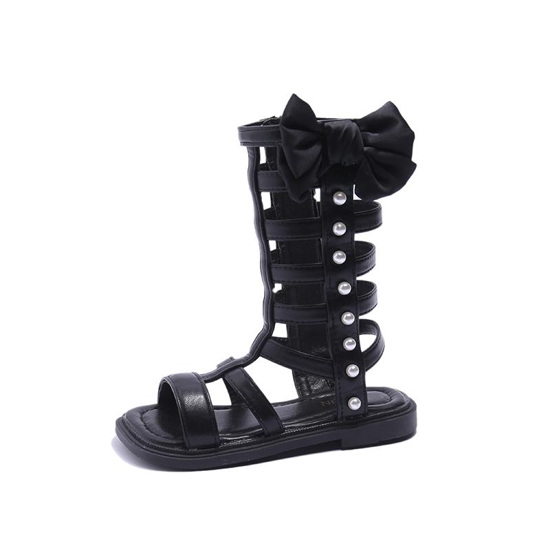 Girls Gladiator Sandals with Bow-knot Kids Fashion Hollow Pearls Princess Shoes Summer Children High-top Sandals Leather Hot