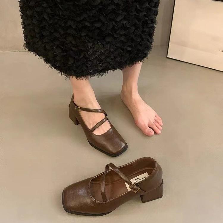 Square Head, Light Mouth, Thick Heel, High-end Wear, Autumn New Small Leather Shoes, Retro Mary Jane Shoes for Women