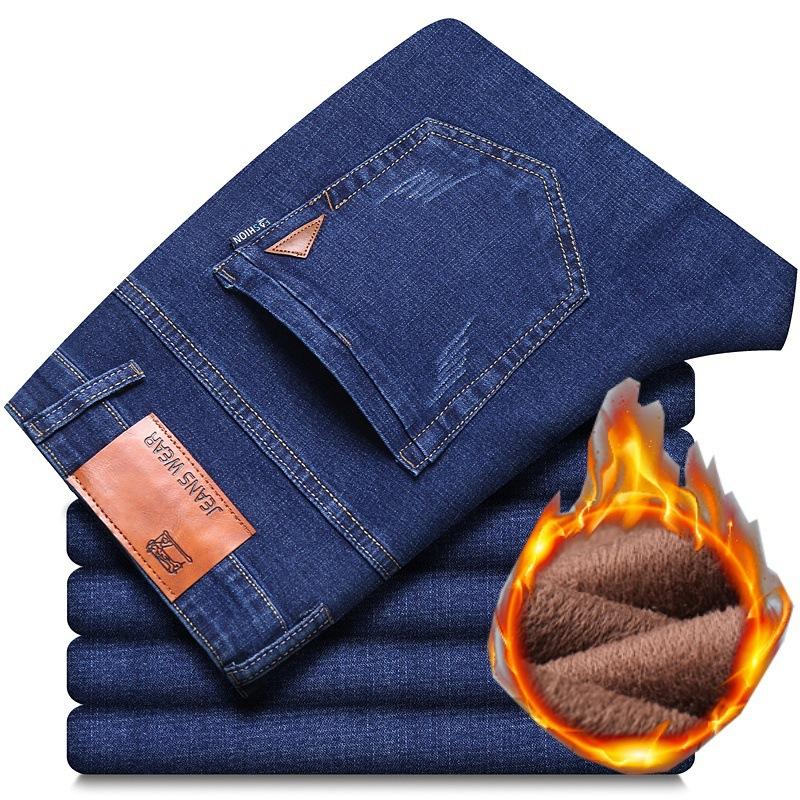8 Types Of Blue And Black Autumn And Winter Men'S Jeans With Thick Fleece/Regular Optional Loose Straight Leg Casual Warm Outer Pants