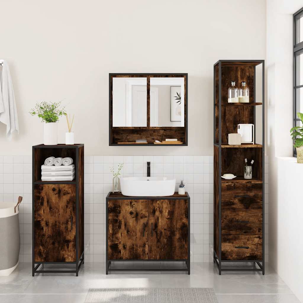 3 Piece Bathroom Furniture Set Smoked Oak Wood Based Material