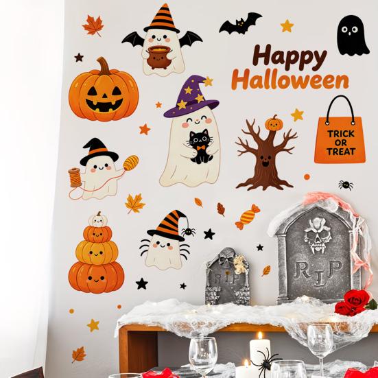 Quick Transformation Home Ornaments Halloween Wall Stickers, Cute Ghost And Pumpkin Print Decals, Peel Stick Seasonal Art Removable PVC DIY