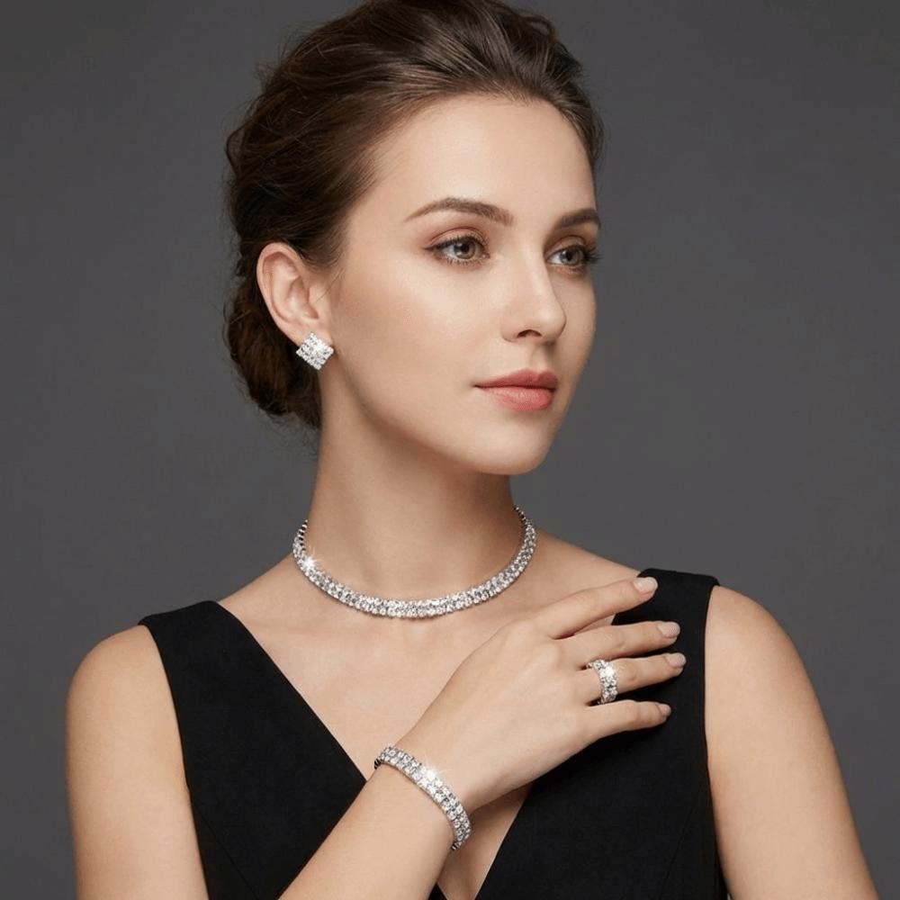 4Pcs Multilayer Necklace Bracelet Earring Ring Set Shiny Rhinestone Choker  Bridal Party