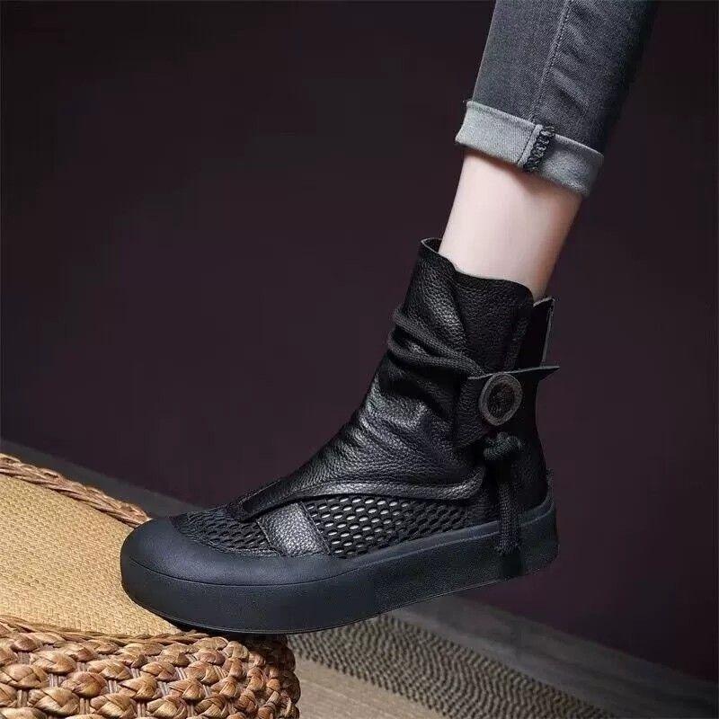 Ретро-ботинки Hollow Out Cool для женщин, толстая подошва, настоящая мягкая кожа, повседневная губчатая подошва, закрытый носок, короткие сетчатые ботинки