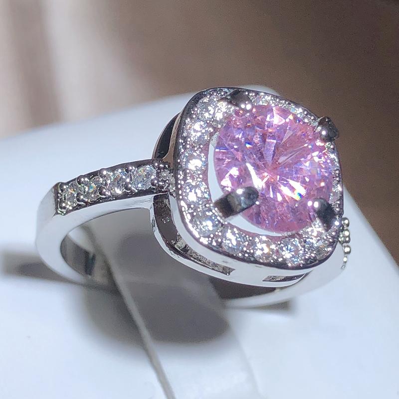 Штамп 925, Новая мода, розовое кольцо с цирконием, квадратное кольцо с четырьмя когтями, милые ювелирные изделия для свадебной вечеринки, подарки, оптовая продажа