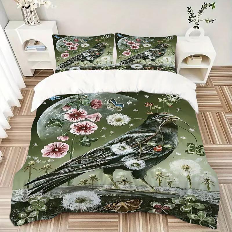 3pcs Anime Raven with Flowers and Butterflies Comforter Set - Includes One Quilt Cover and Two Pillowcases (No Core) - Home Decor, Festival Gift, Poly