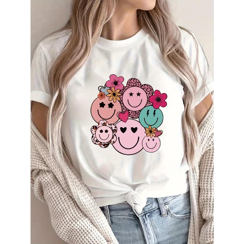 Женская футболка Keep Smile с цветочным принтом и веселым лицом, круглый вырез, короткий рукав, свободный крой, всесезонная, машинная стирка, универсальный повседневный топ