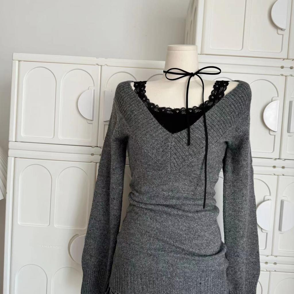 Французский Ретро Элегантный Y2k Комплект из 3 предметов Женский Винтажный Однотонный Свитер с Длинным Рукавом + Кружевной Повседневный Жилет + Клетчатая Шикарная Юбка Осень 2024