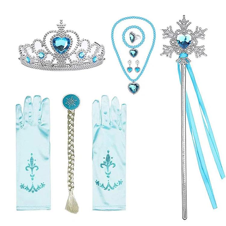 Princess Elsa Cosplay Accessories Gloves Wand Crown Jewelry Set Elsa Wig Braid For Snow Queen Princess Dress Clothes Cosplay