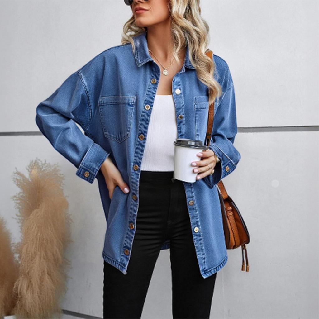 Women's Fashion Retro Denim Pocket Loose Casual Button Jacket