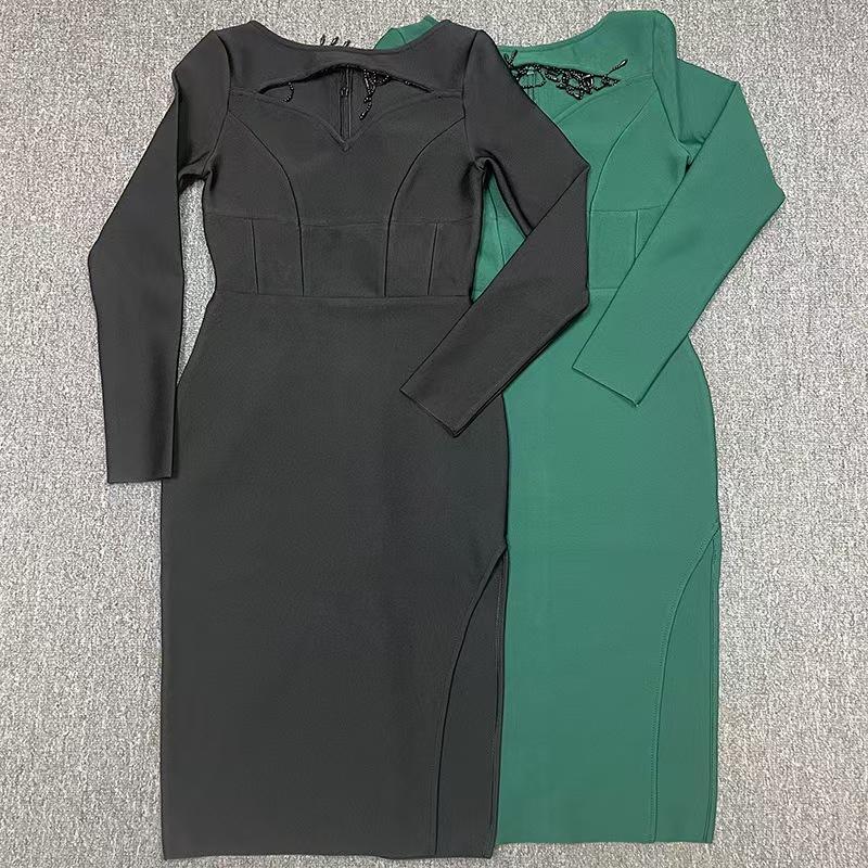 Женское сексуальное облегающее платье-бандаж с бусинами и длинными рукавами с разрезом