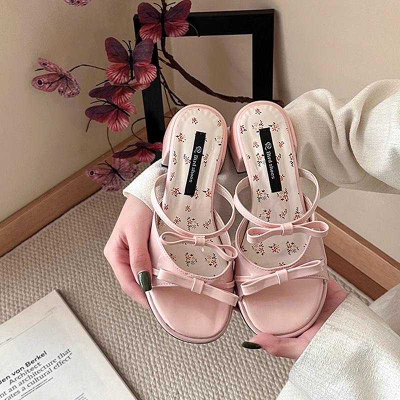 French Elegant Wedge Slippers Women's Head Temperament Open-toe Word with Bow High-heeled Sandals 2025 Summer New